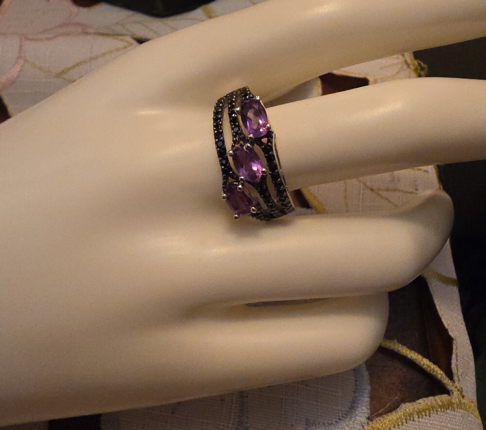 JTV African Amethyst And Black Spinel Sterling Silver Ring Size 10